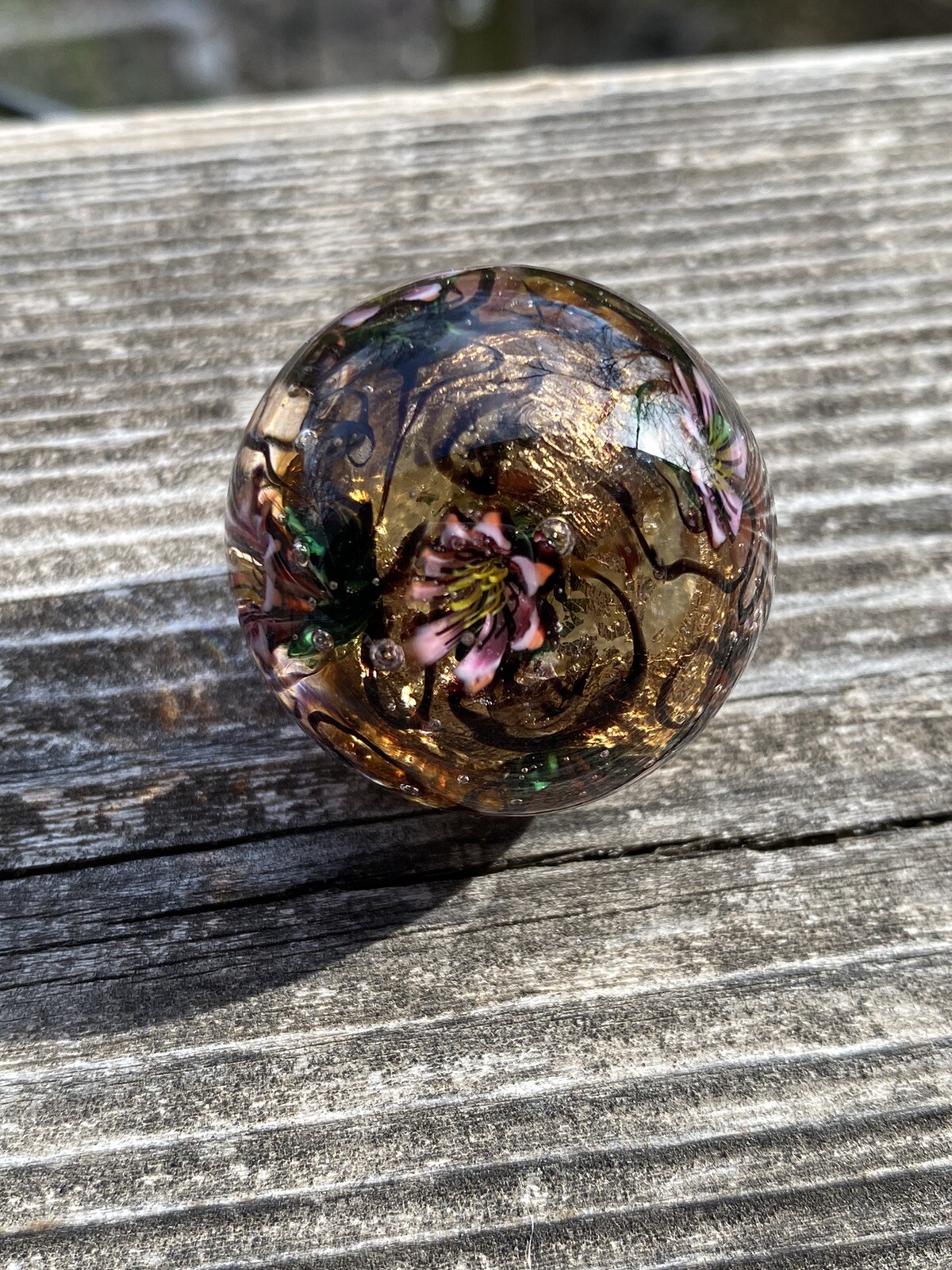 handmade art glass marble Silver Foil Encased Tiny Pink Blooms