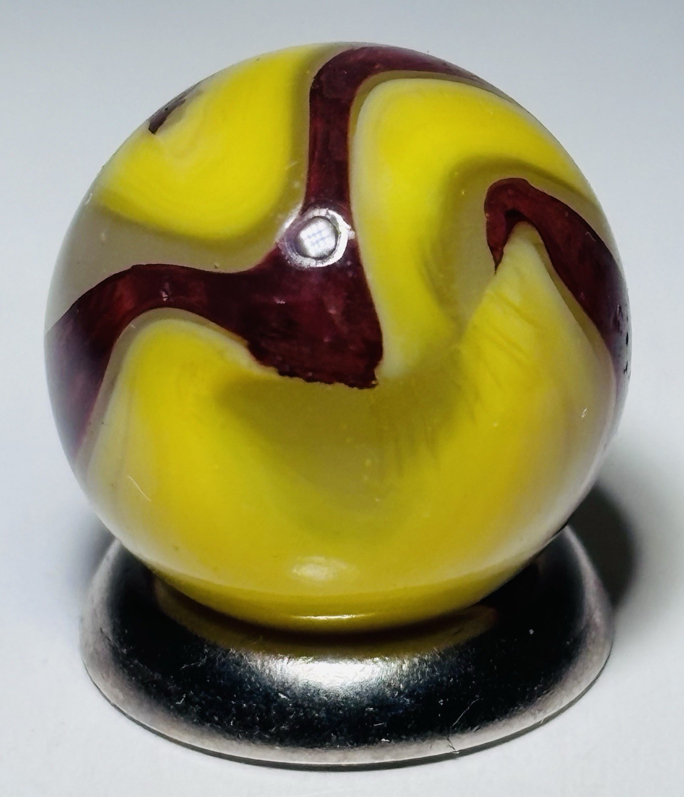 Vintage Akro Agate EggYolk OXblood Swirl Marble .61” In Wet Mint Condition