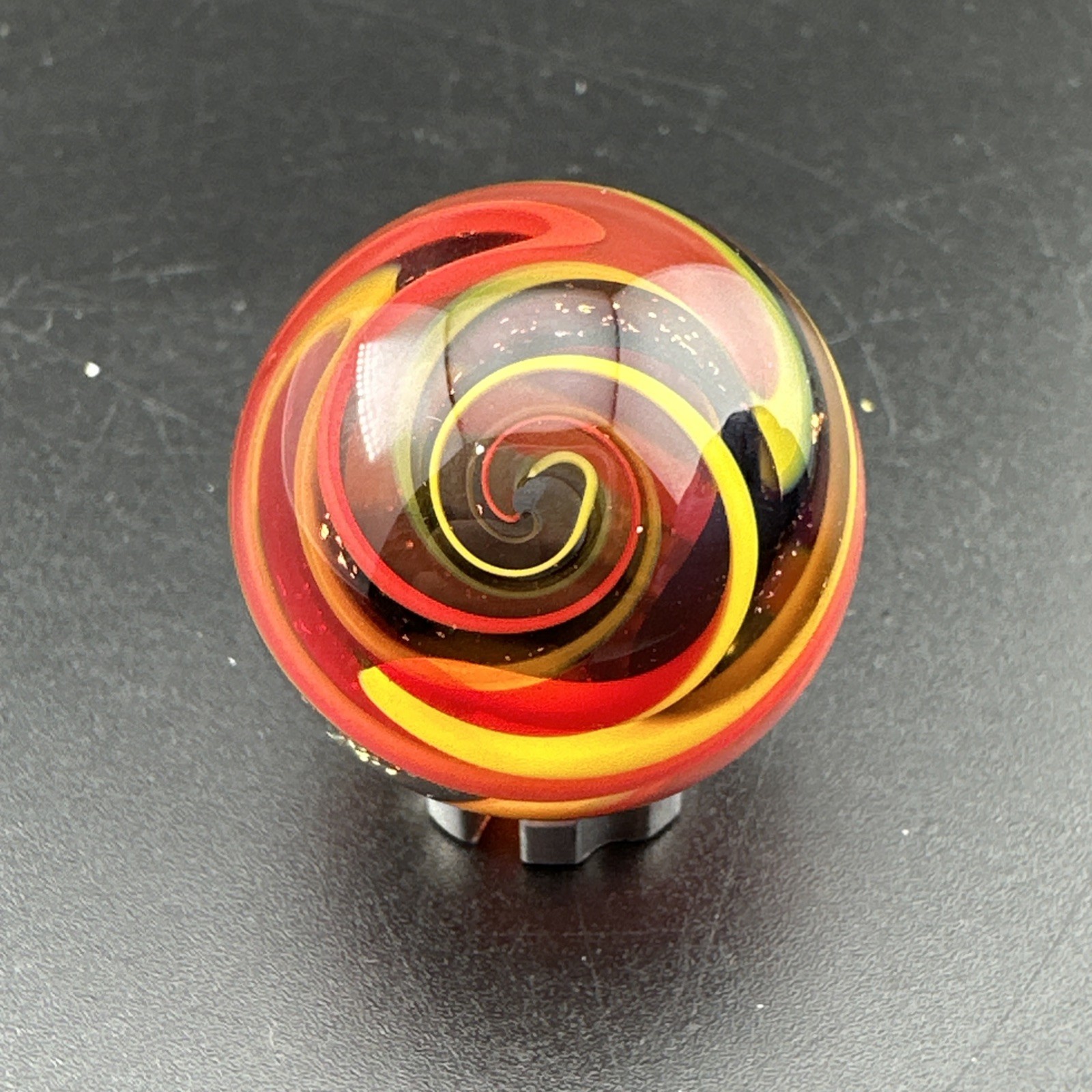 Contemporary Handmade Art Glass Marble 1.13″ Yellow Red Swirl Sparkly Dichroic