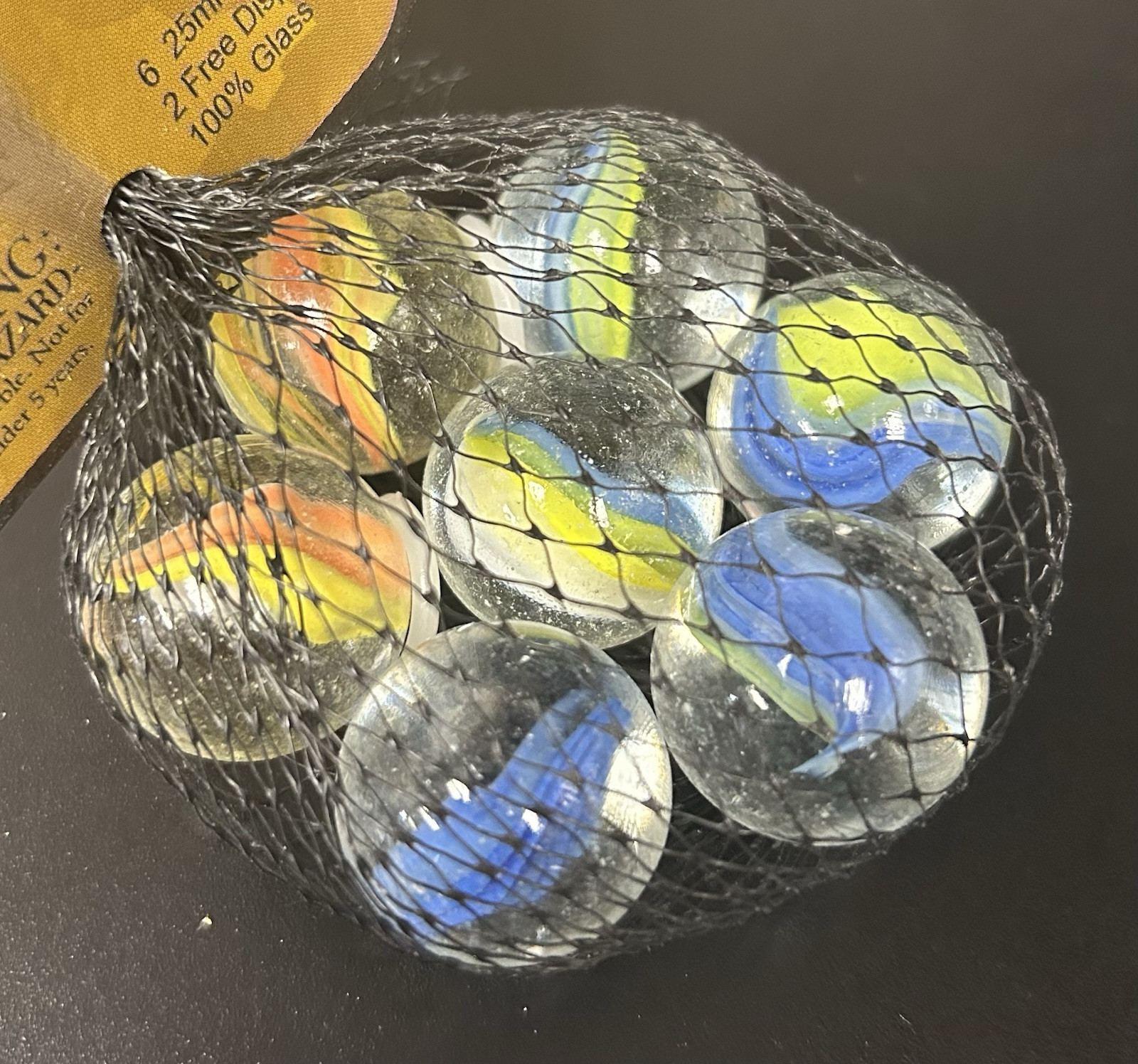 Cat’s Eye Mega Marbles Net Bag 6 25mm w/2 Display Rings Retired Set (2004-2006)