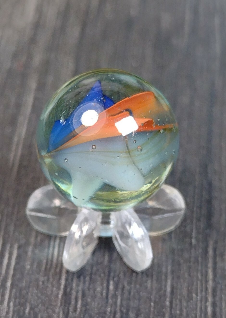 Peach & Blue Cat eye Six Vane Tri-Color .62″ Japan Foreign VINTAGE MARBLE