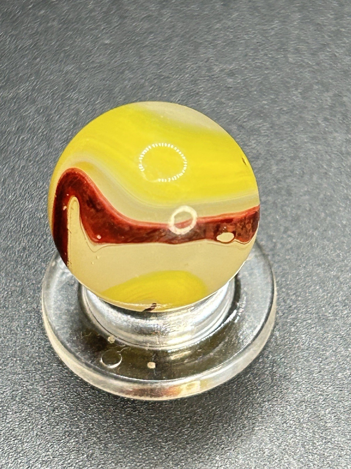 Vintage Akro Agate Egg Yolk Oxblood Marble 0.629” Multi Color UV Active