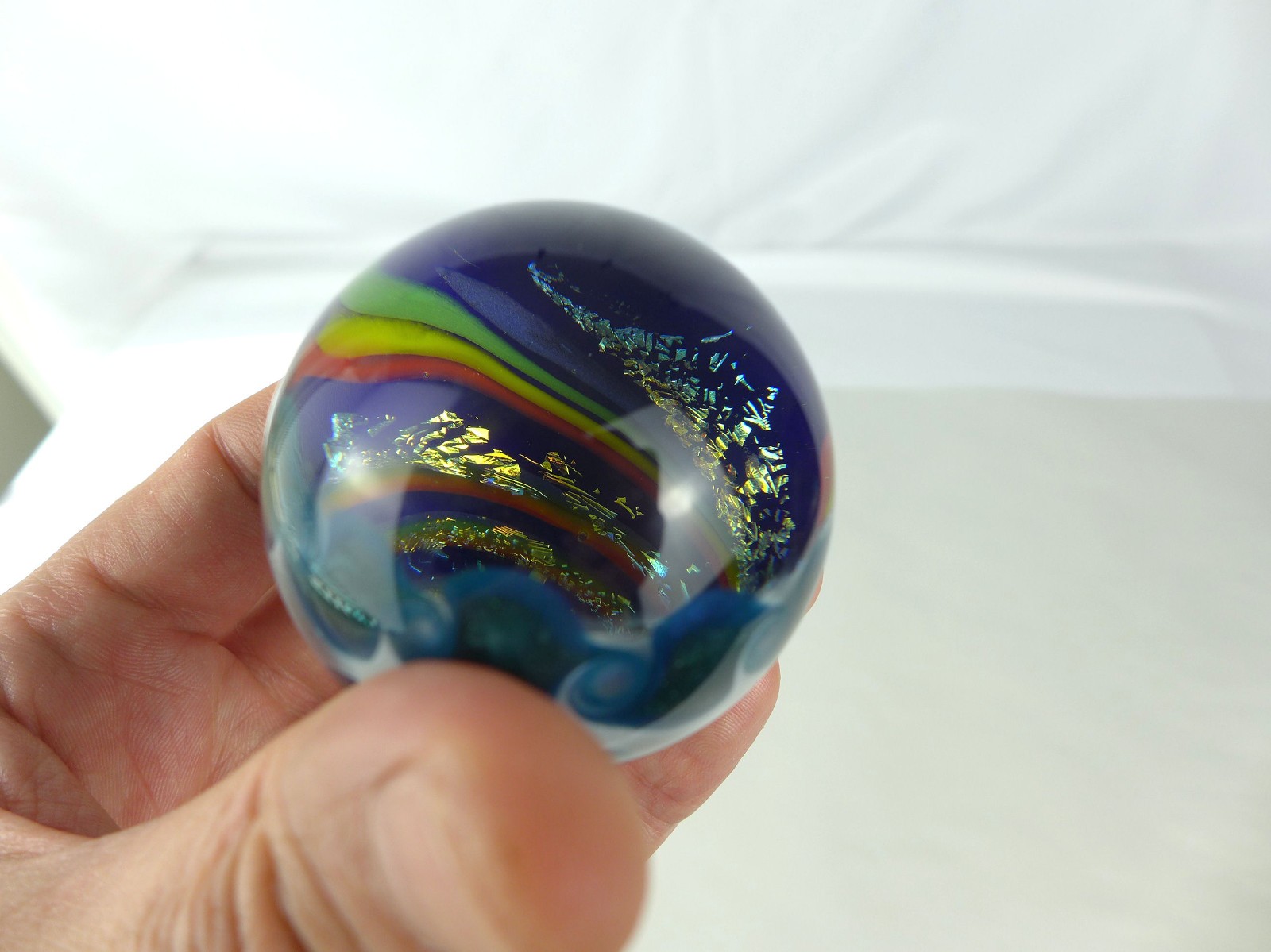 Big Dustin K Morrell Vortex Dichroic Art Glass Marble Paperweight 2004 2.18″