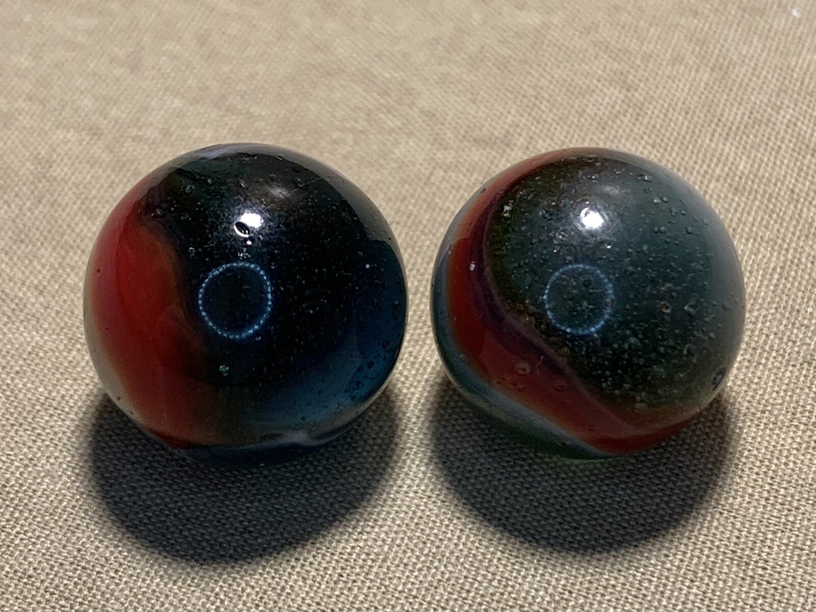 2 Vtg Rare Peltier Glass Co. White Red & Blue Transparent Rainbo Marbles 0.629”