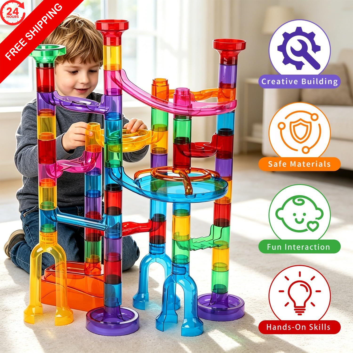 EagleStone 79PCS Transparent Glow Marble Run Construction Maze 79pcs