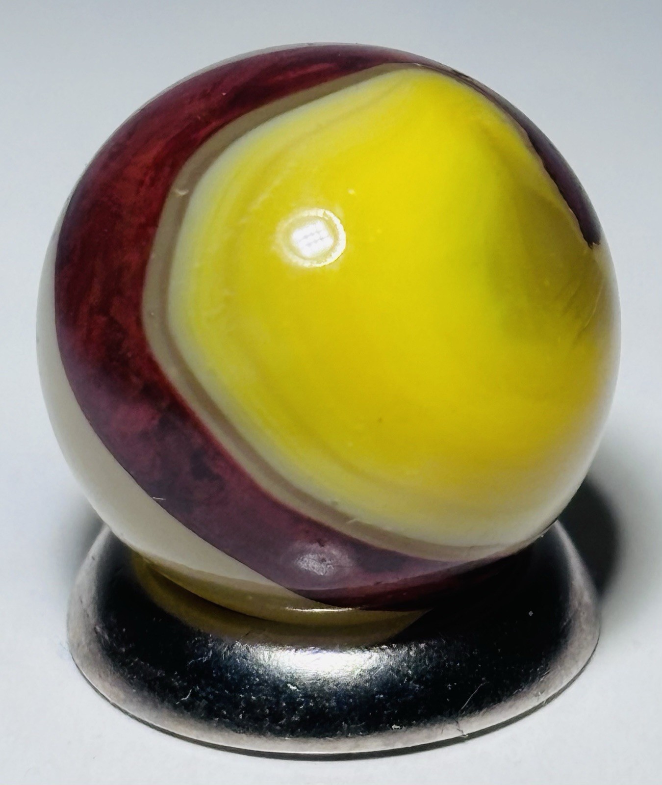 Vintage Akro Agate EggYolk OXblood Swirl Marble .61” In Wet Mint Condition