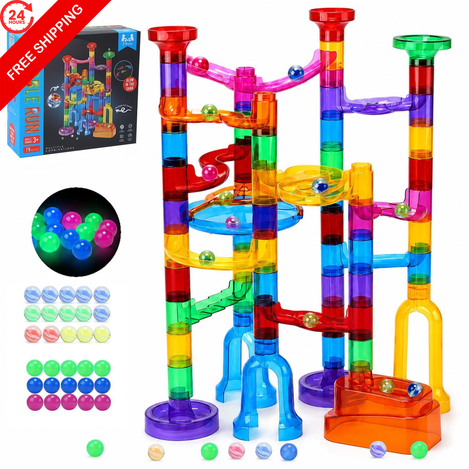 EagleStone 79PCS Transparent Glow Marble Run Construction Maze 79pcs