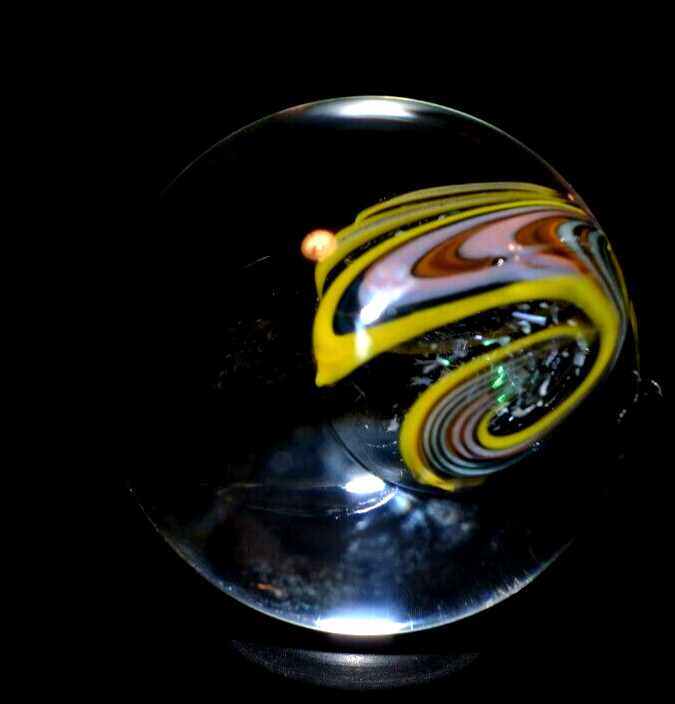 MIKE WARREN GLASS MARBLE/1.153″-TRIPLE ABALONE-PINK,EGGPLANT,GOLD,DICHROIC+