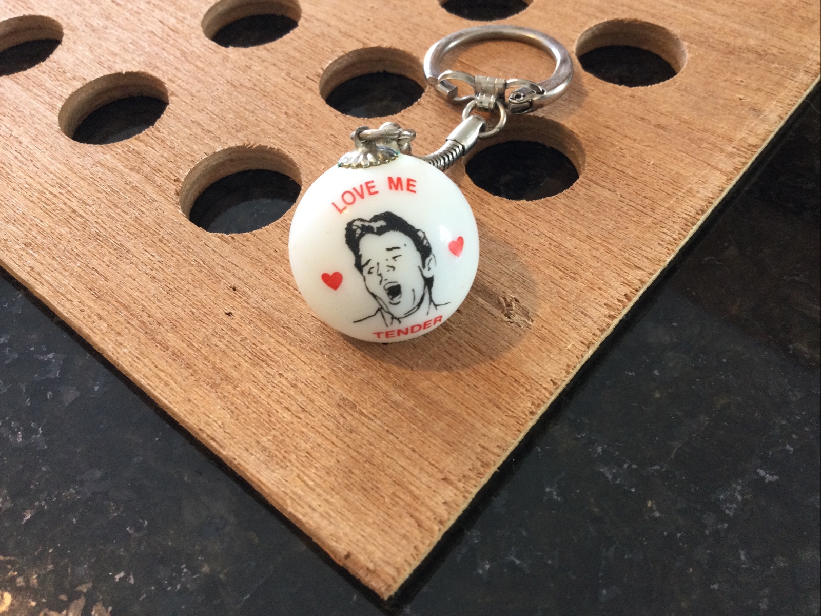 Vintage |”Love Me Tender” Elvis Presley Key Chain | White & Red | Marble | 1990s
