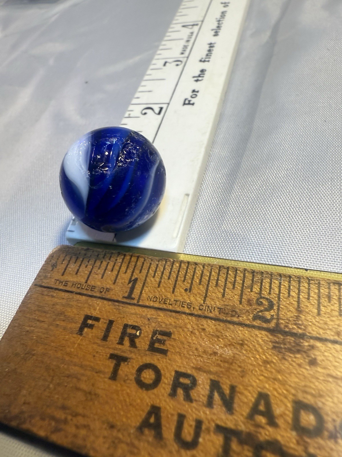 Akro Agate Corkscrew SPIRAL Shooter Marble Blue White Old Vintage Damaged