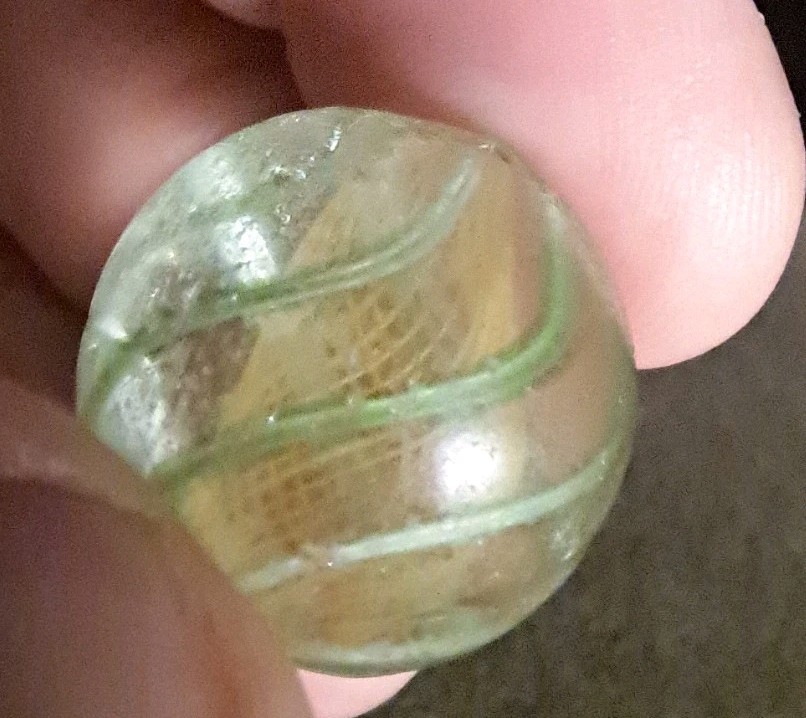 Antique Handmade German Marble – Green Swirl Latticinio Yellow Core