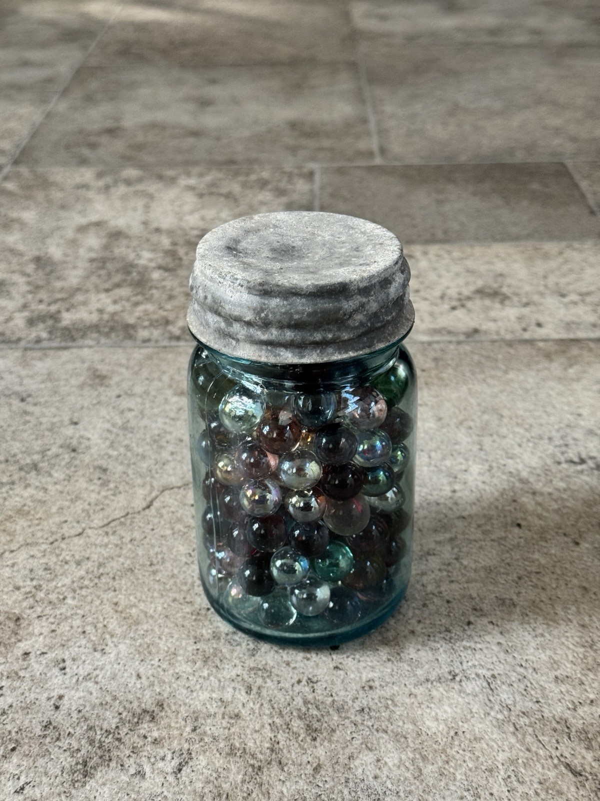 Vintage Ball Perfect Mason Jar Filled with 165+ Mixed Glass Marbles – Aqua Blue