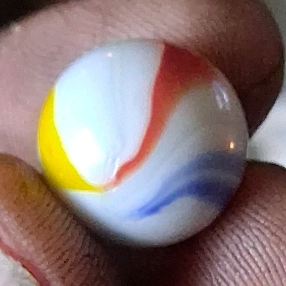 White Swirl Machine Made Toy Marble with Red, Yellow, Blue Accents for Ages 8-17