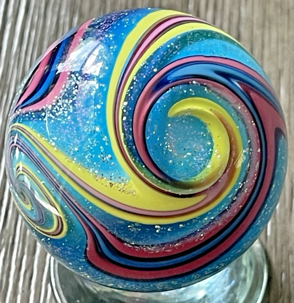 2007 EDDIE SEESE MARBLE “QUAD SPHERE” HANDMADE SIGNED DICHROIC GLASS ART 1.96″
