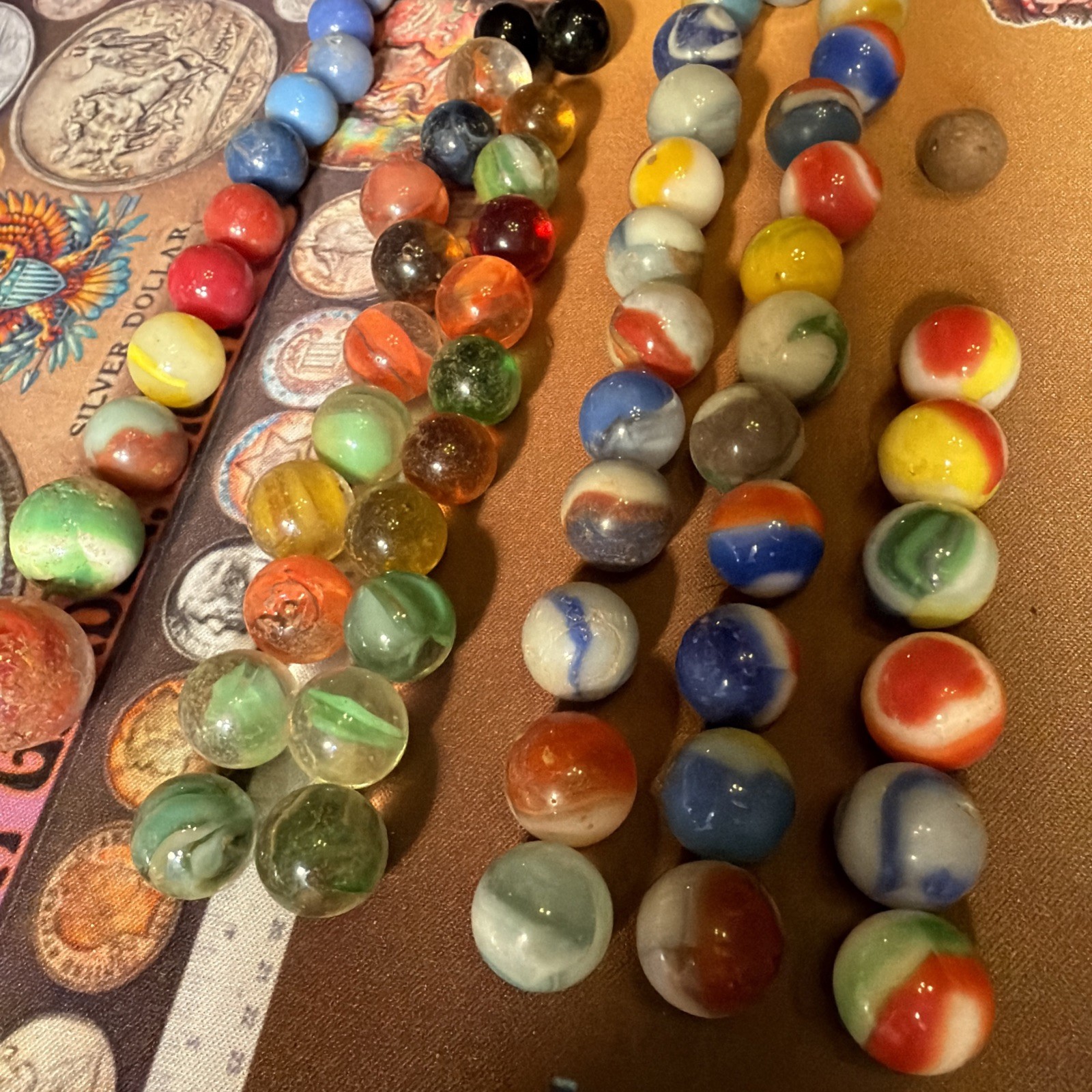 Marble Lot Of 64. Core/banded Swirl, Agate, Glass, Striped, Clay, Ribbon, Solid