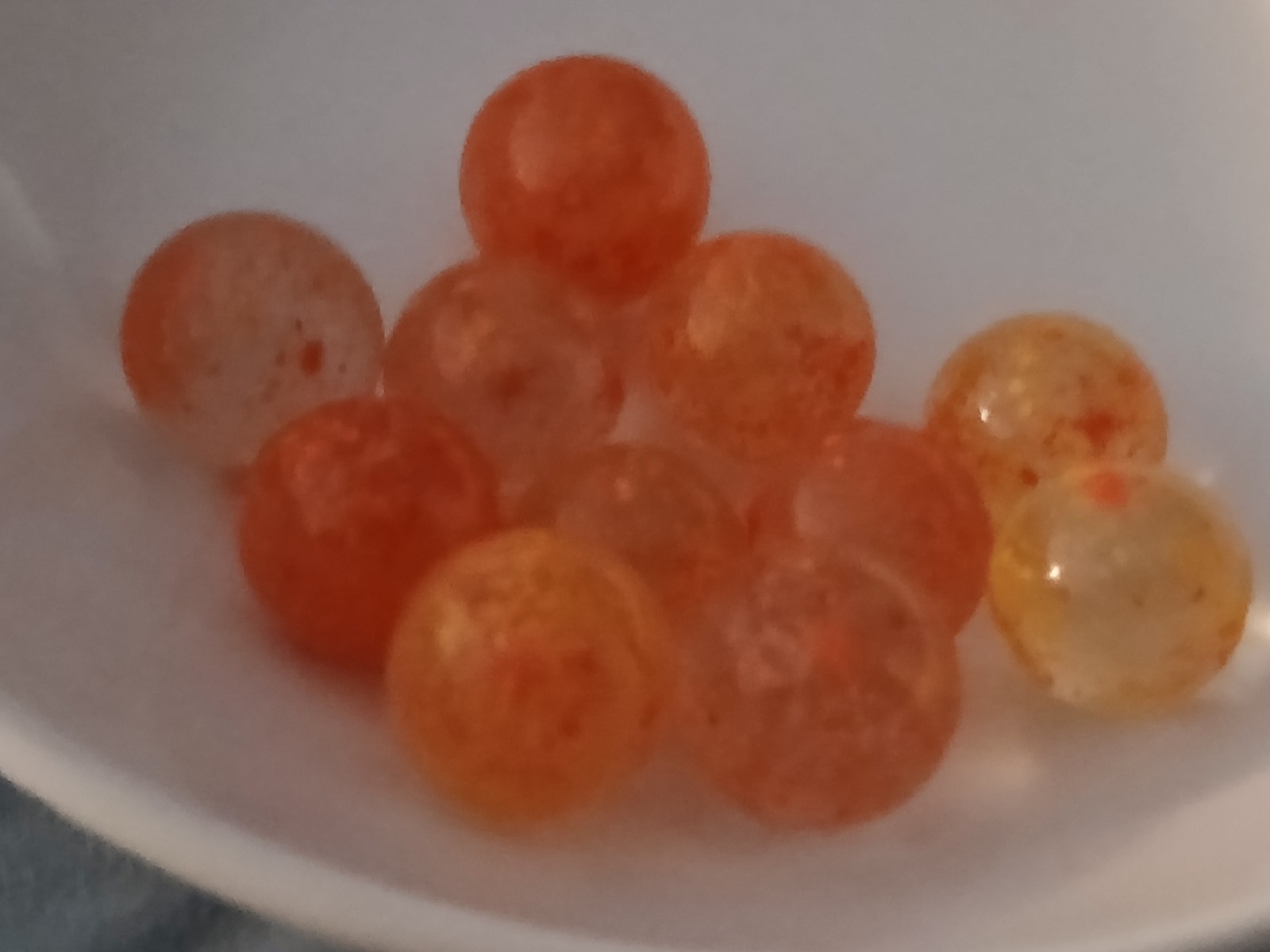 11 Vitro Agate Frit,Uranium Speckled Marbles Orange/Red/Yellow Speckles 1940s