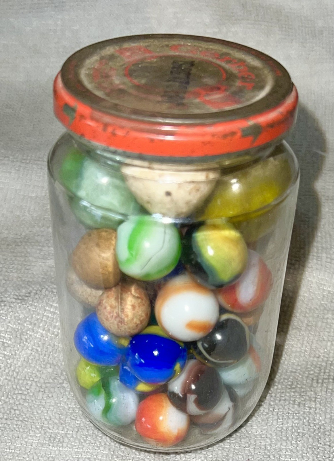 Old Gerber Jar of 40 Marbles, V9/16 – 1”, Cub Scouts, Clays, Pelt, Bennington,