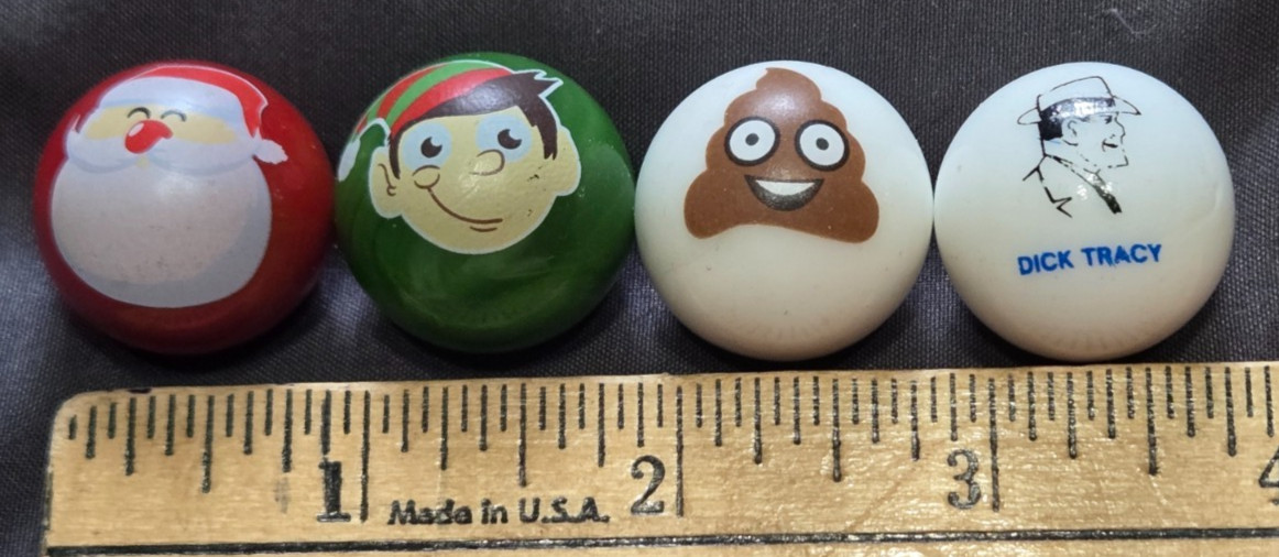 35+ MEDIUM GLASS MARBLES – .5″ – 1″ – DICK TRACY, CHRISTMAS, POO EMOJI & MORE