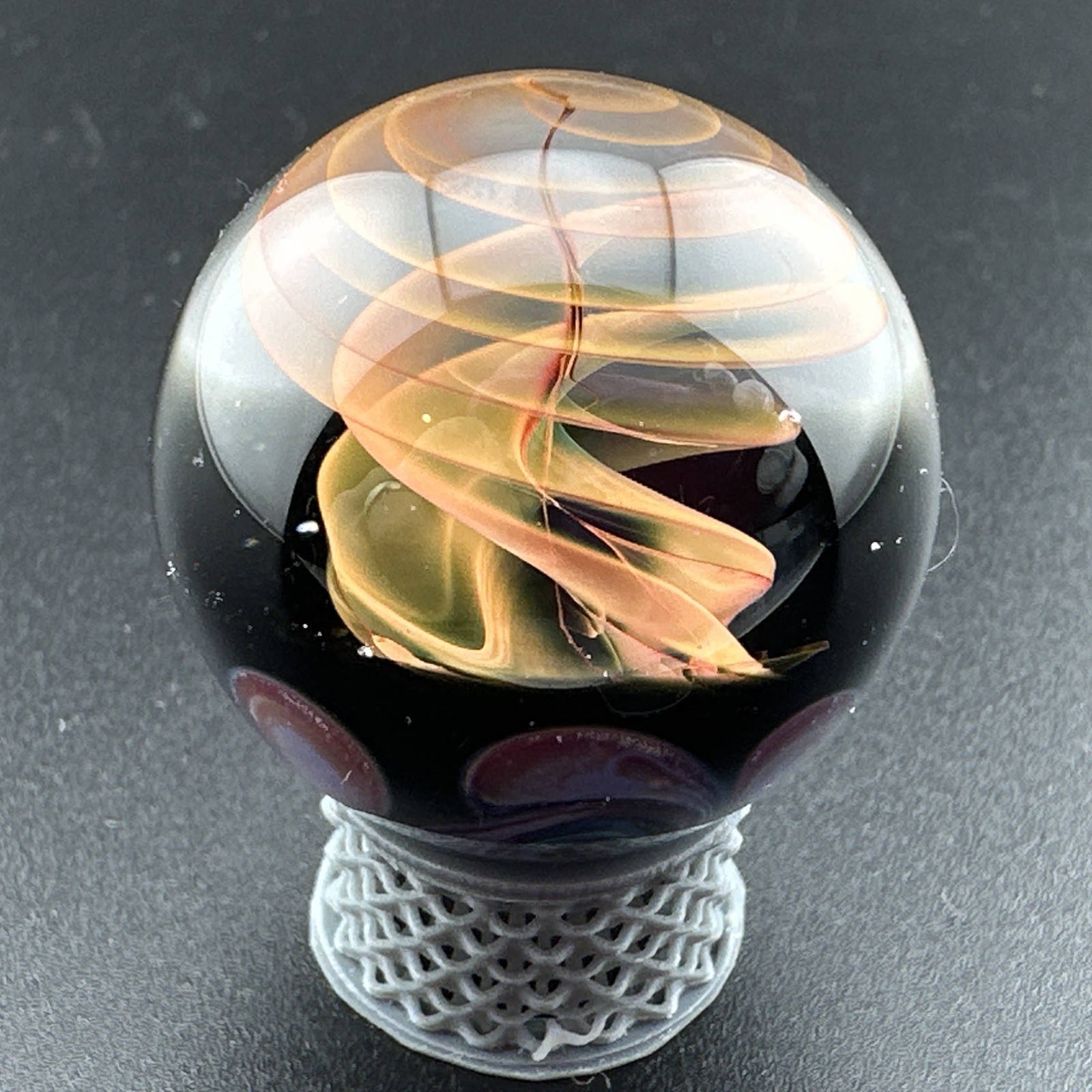 Contemporary Handmade Art Glass Marble 1.12″ Fume Twist Swirl, Orange Gold Hues