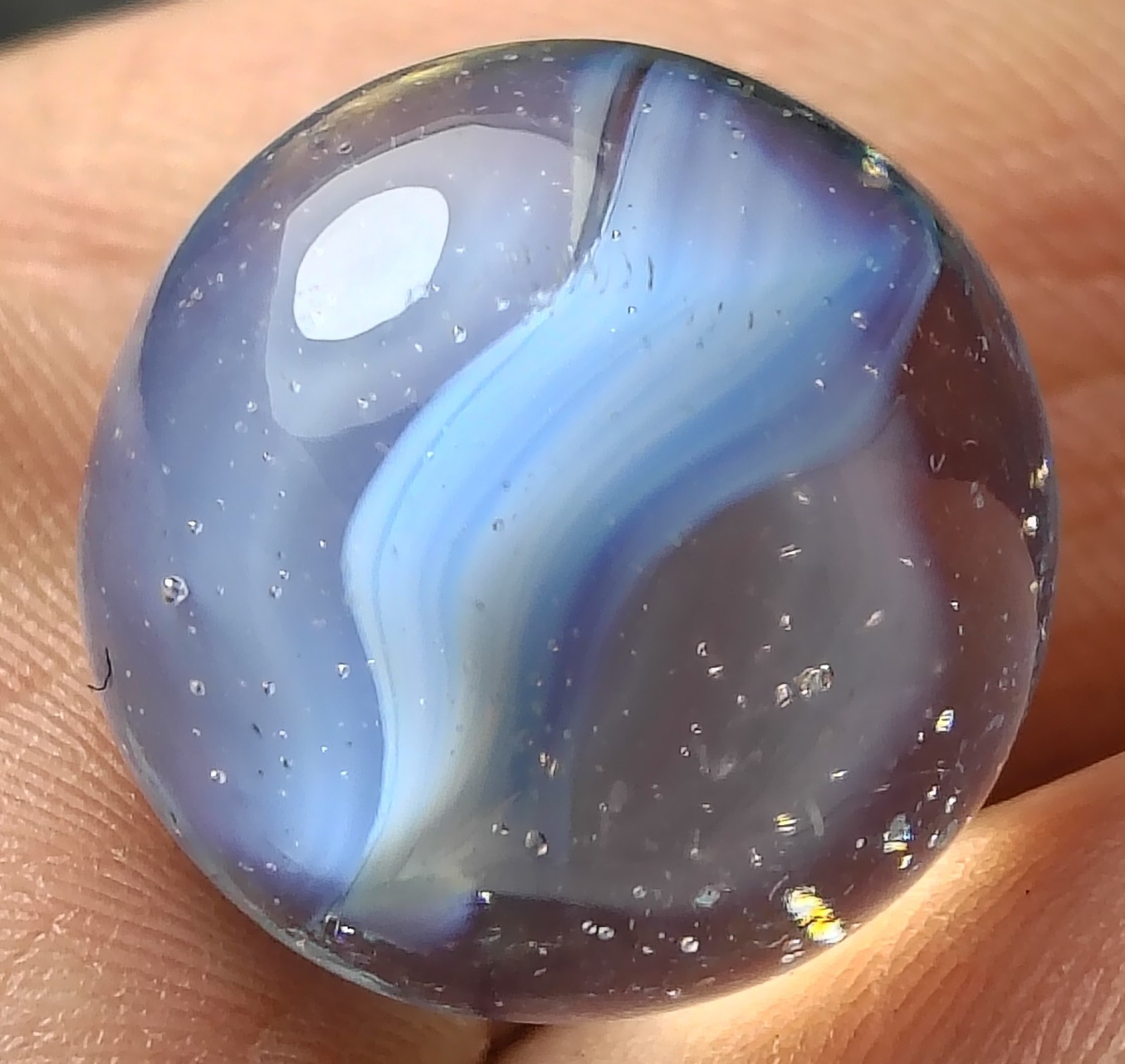 Vintage Fancy Four Vein 0.59″ White Blue Cats Eye Marble Ox Hair? Peltier Glass
