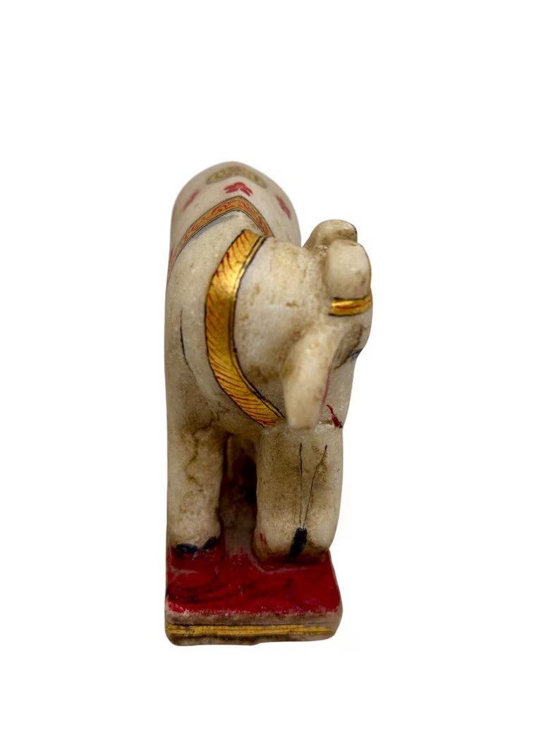 Vintage Marble Kamdhenu Cow Calf Statue, Meenakari Golf Leaf, Hand-painted