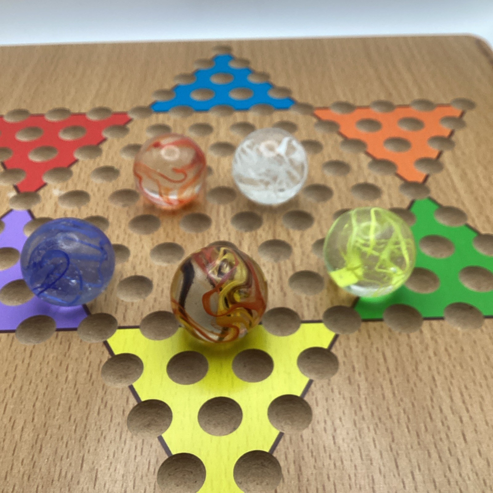 Spaghetti Glass Shooter 1 inch Marbles X 5 Clear w/ Blue Red Yellow White Swirls
