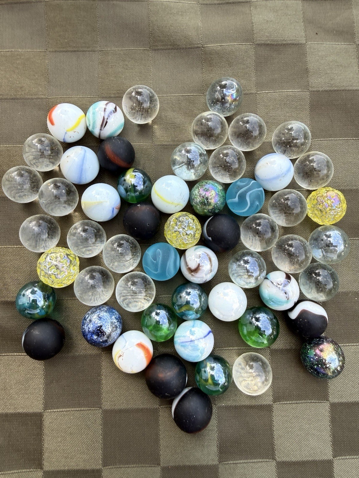 Lot Vtg Glass Marbles 10.4oz Aquamarine Swirl Opaque Milk Yellow Iridescent Game