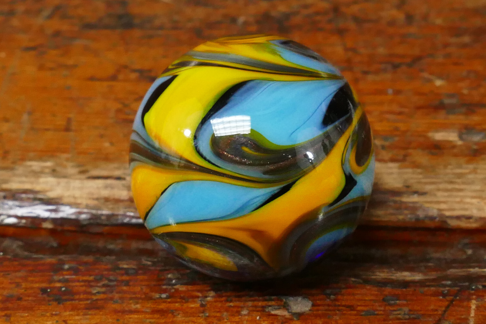 Vintage Hand Blown Art Glass Marble Yellow & Blue Swirl w/ Gold Lutz – 1 1/4”