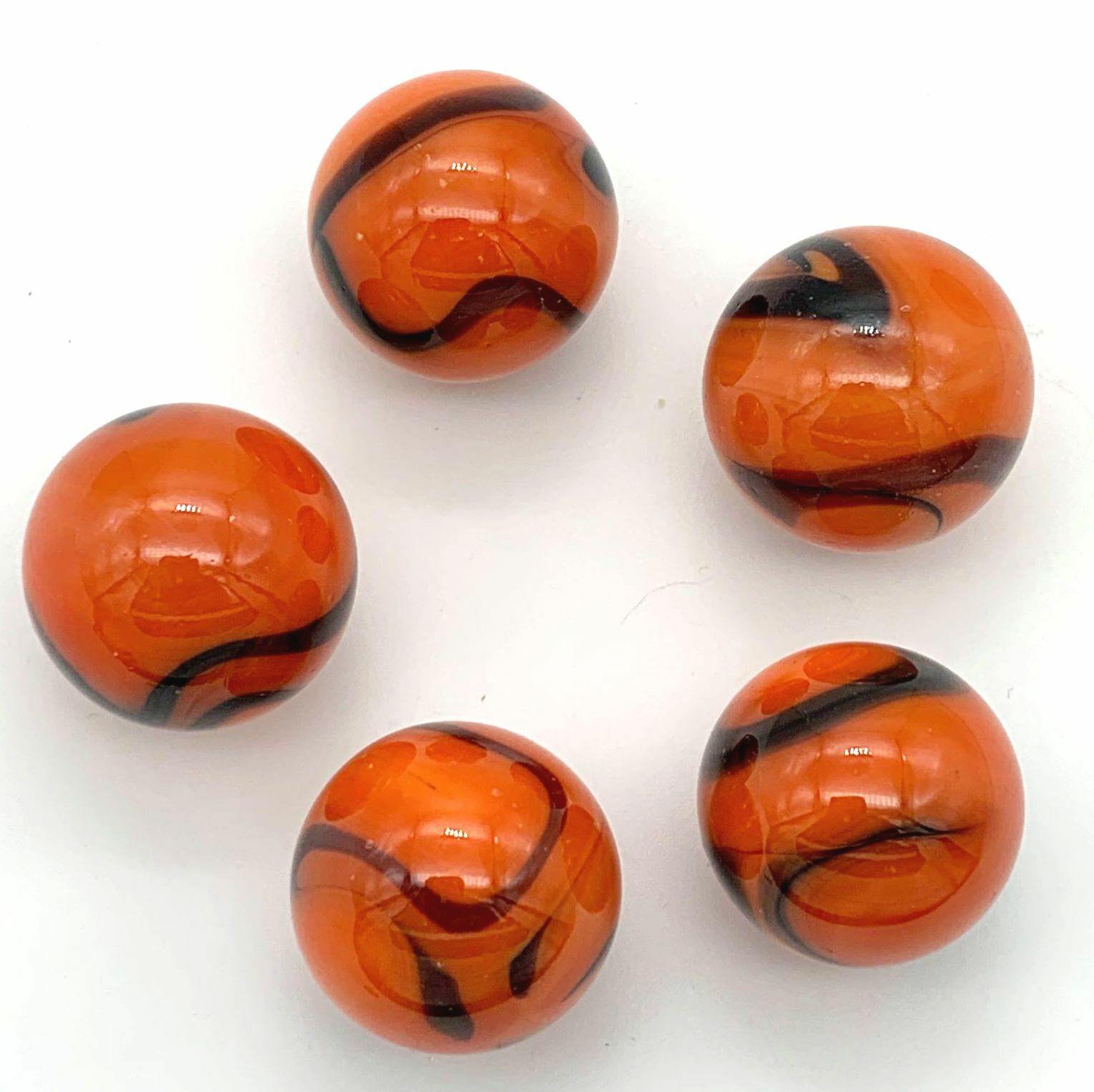 16mm Bengal Tiger Glass Player Mega Marbles Pk of 5 Orange w Black Swirls Vacor