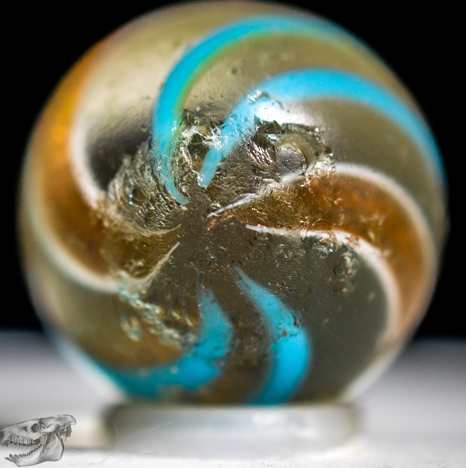 Handmade Aqua Banded Lutz Marble, 25/32 in, Good+, Chip, Germany 1860-1920 S1234