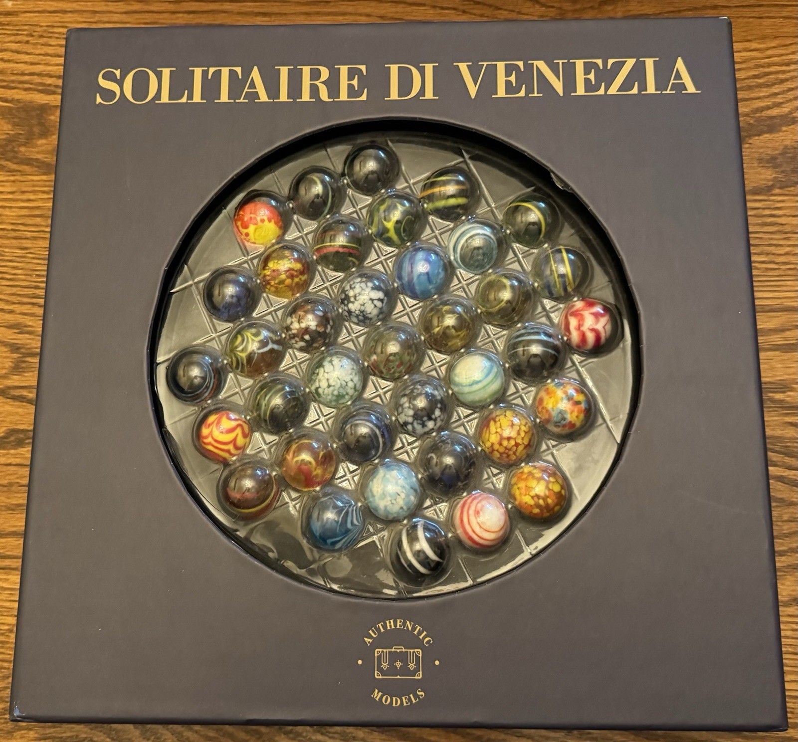 Solitaire Di Venezia Hand Blown Glass Marbles 38 w/Black Wood Base Board