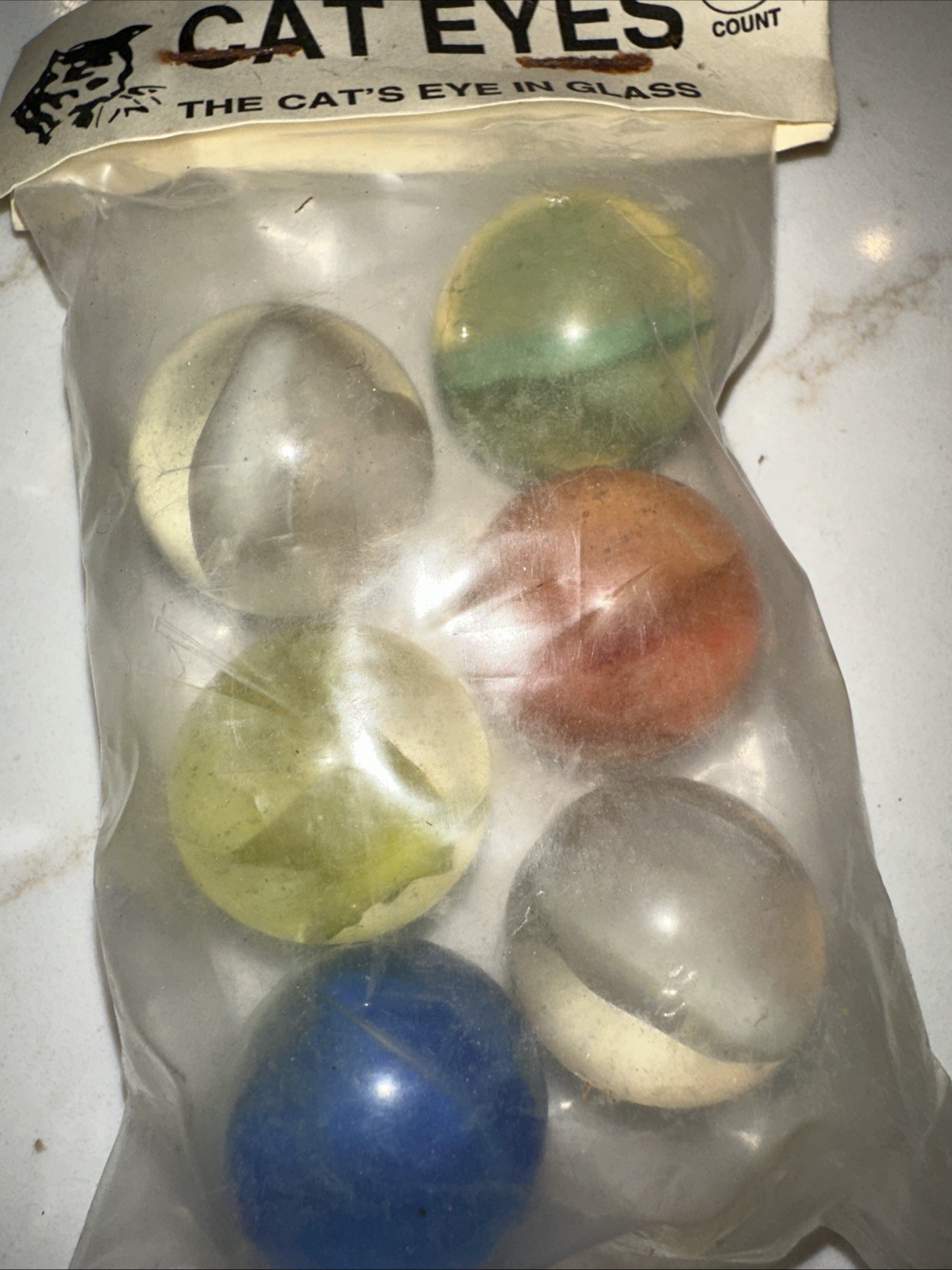 SET Of 6 Vintage Cat Eyes Glass Marbles CE Bogard Agate Cat’s Eyes SEALED Colors