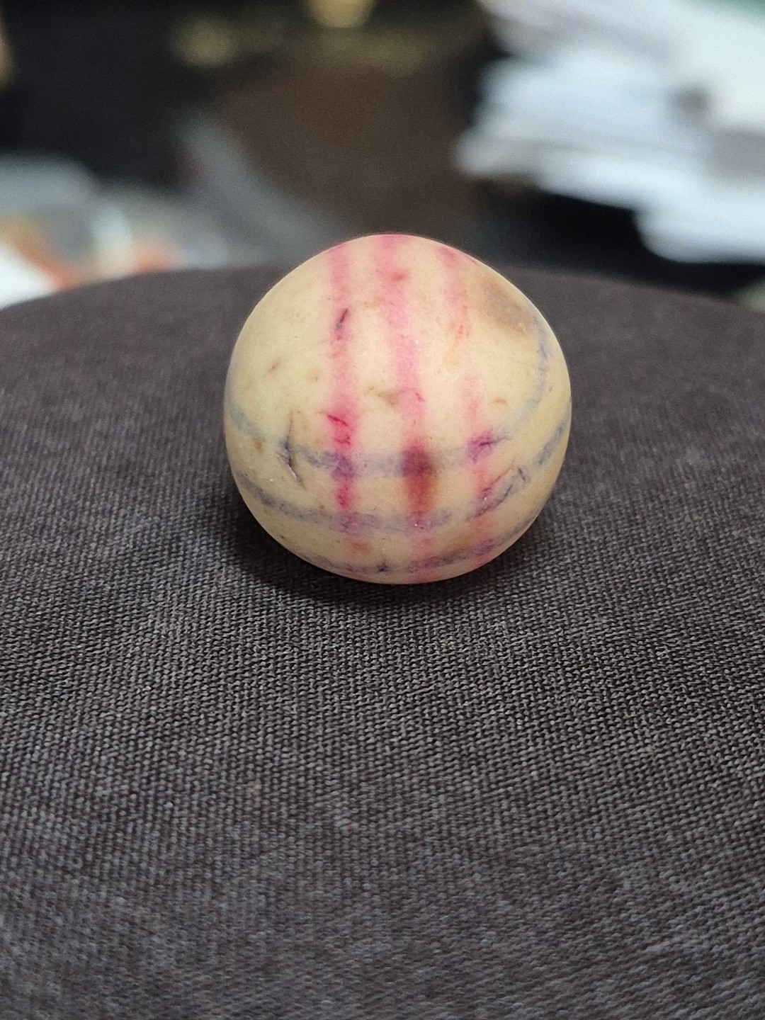 ANTIQUE HELIX LINED UNGLAZED PROCELIAN CLAY MARBLE