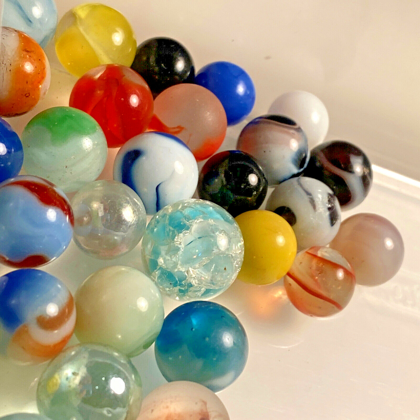 Vintage ? Lot of 34 Marbles Glass Crackle Blue Solid Yellow Green Orange Toy