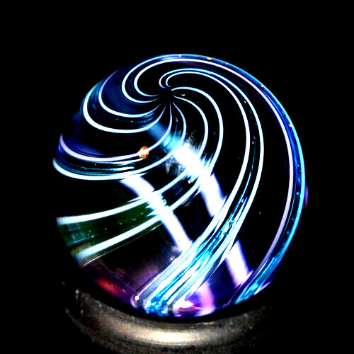 HOT HOUSE GLASS MARBLE/.692″-DELICATE PLAYER-BABY BLUE w/GOLD & GREEN DICHROIC