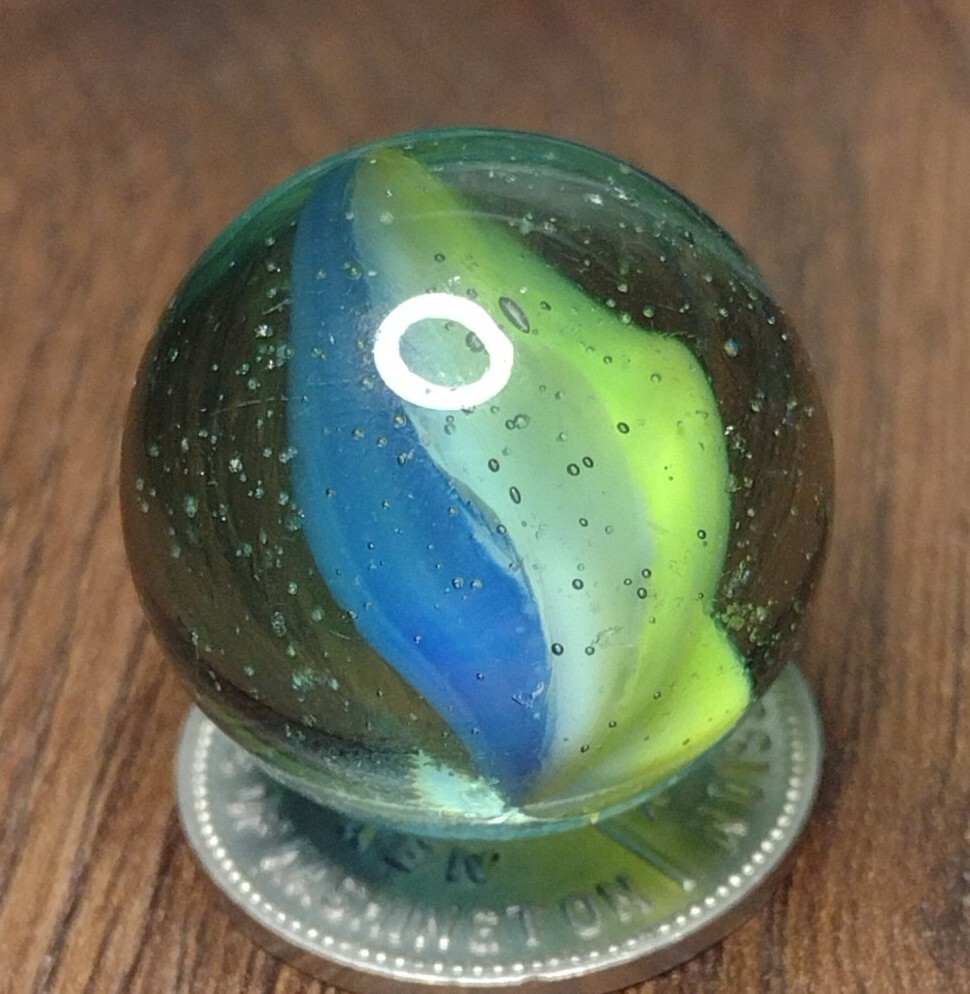 Blue Tri-Color NM .92″ LG Six Vane Ribbon Color Cateye Mystery Vintage Marbles