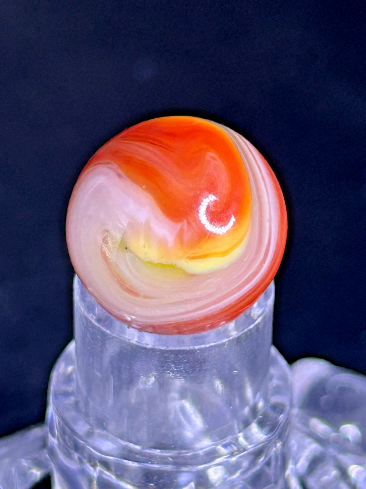 Vintage Akro Agate Popeye Marble, Red-Orange/Yellow/White, .64″, Wet Mint, #AP16