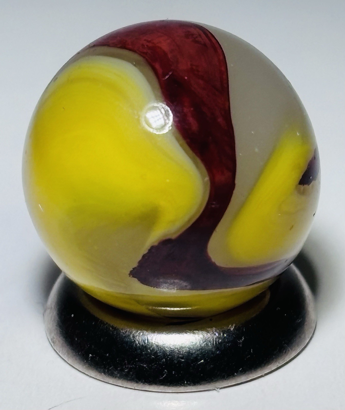 Vintage Akro Agate EggYolk OXblood Swirl Marble .61” In Wet Mint Condition