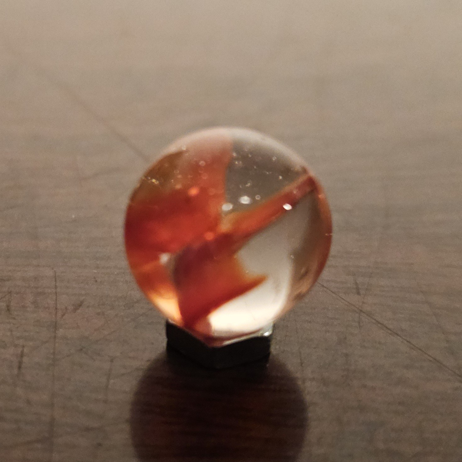 C E Bogard Orange 4- Lobe Floppy Cats Eye Clear Glass .593 Marble