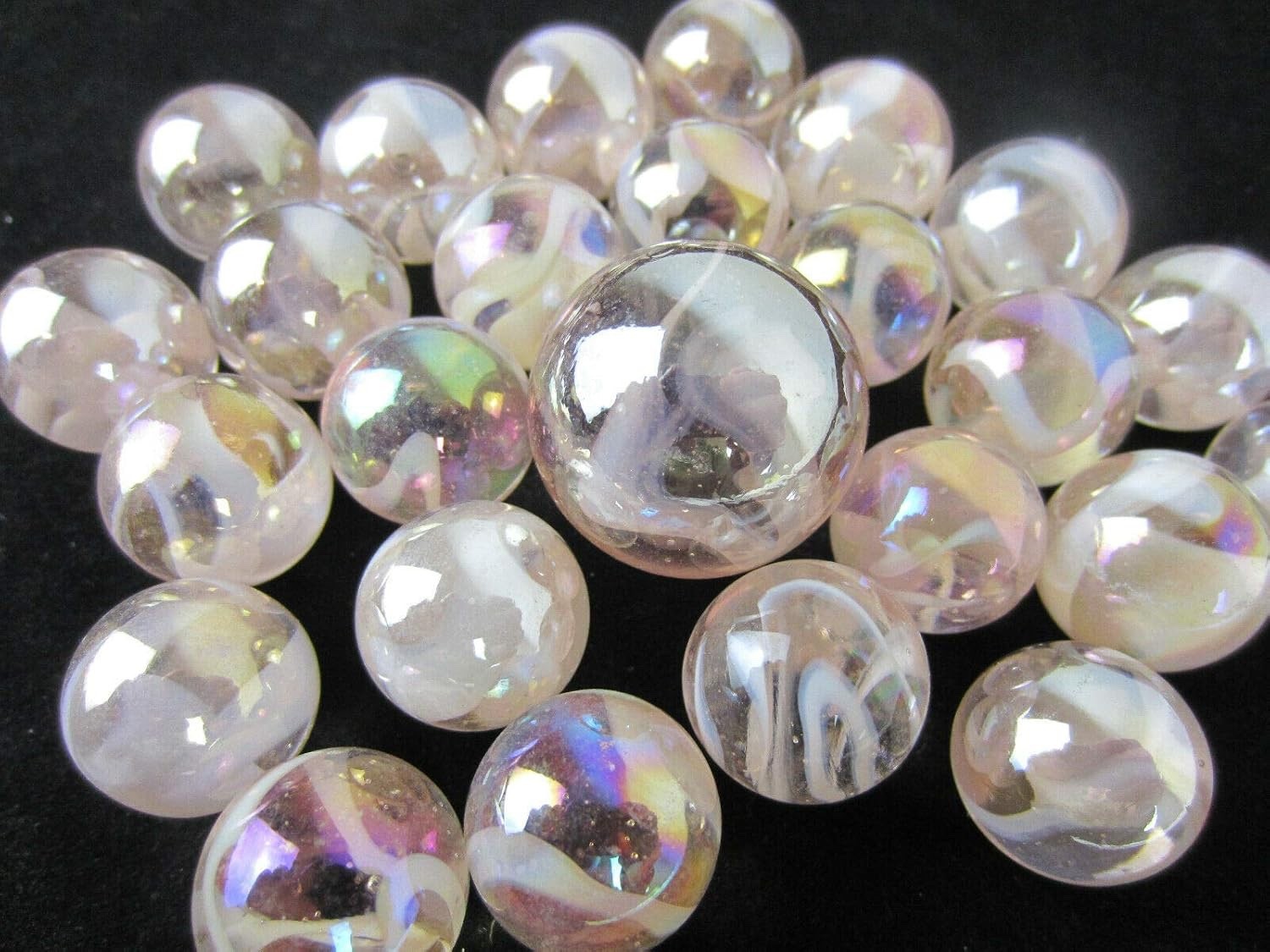 25 Glass Marbles JELLYFISH Pink/White Soap Bubble game vtg style Shooter Swirl