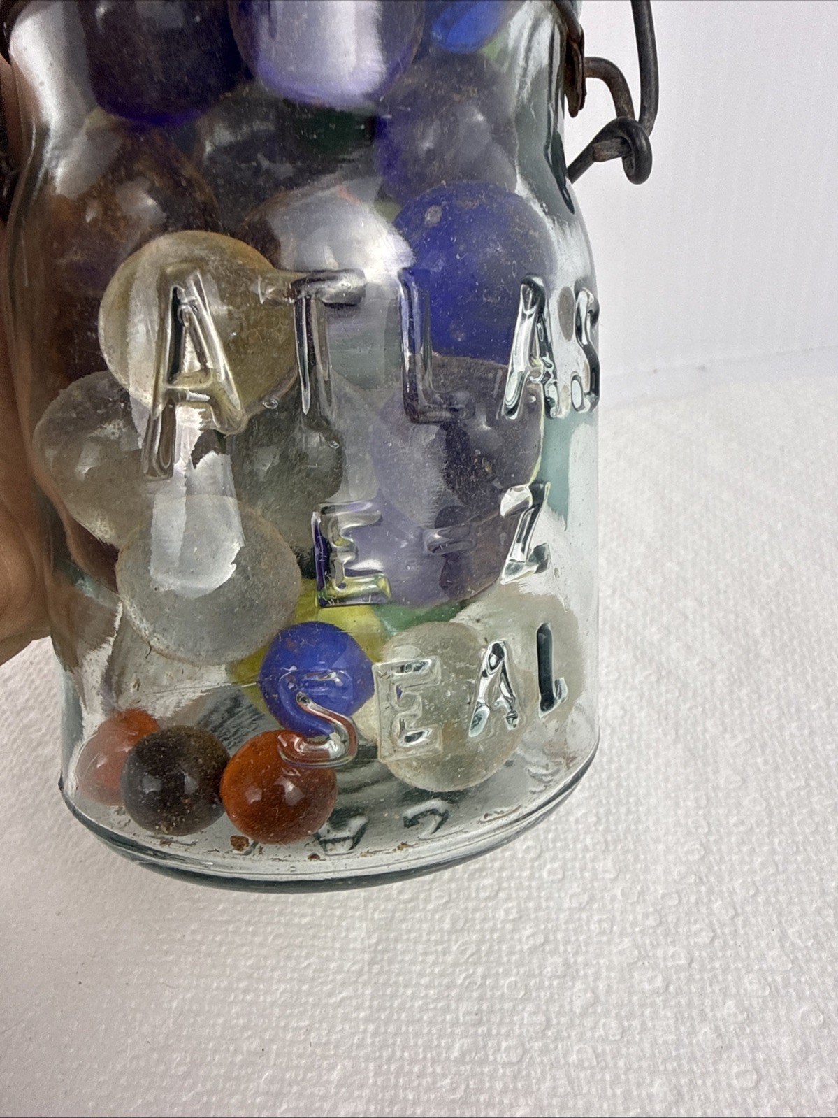 Pint Jar Full of Vintage Marbles in Antique Atlas E-Z Seal , Wire Bail, And Seal