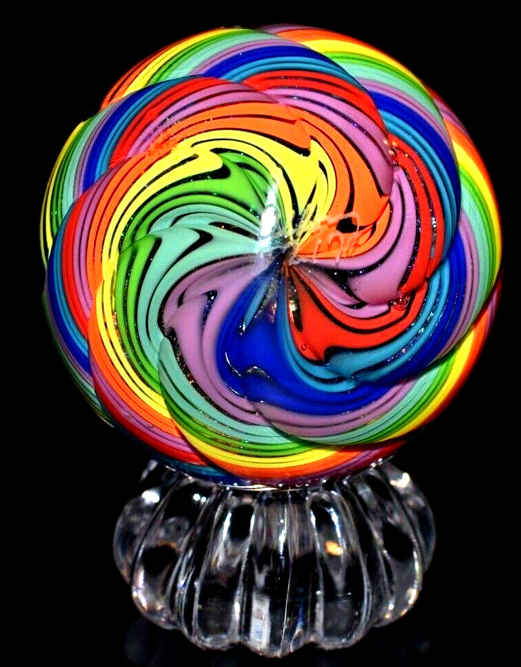JAMES ALLOWAY HANDMADE MARBLE/2.623″-DICHROIC RAINBOW VORTEX # 3217-LIME,ROYAL +