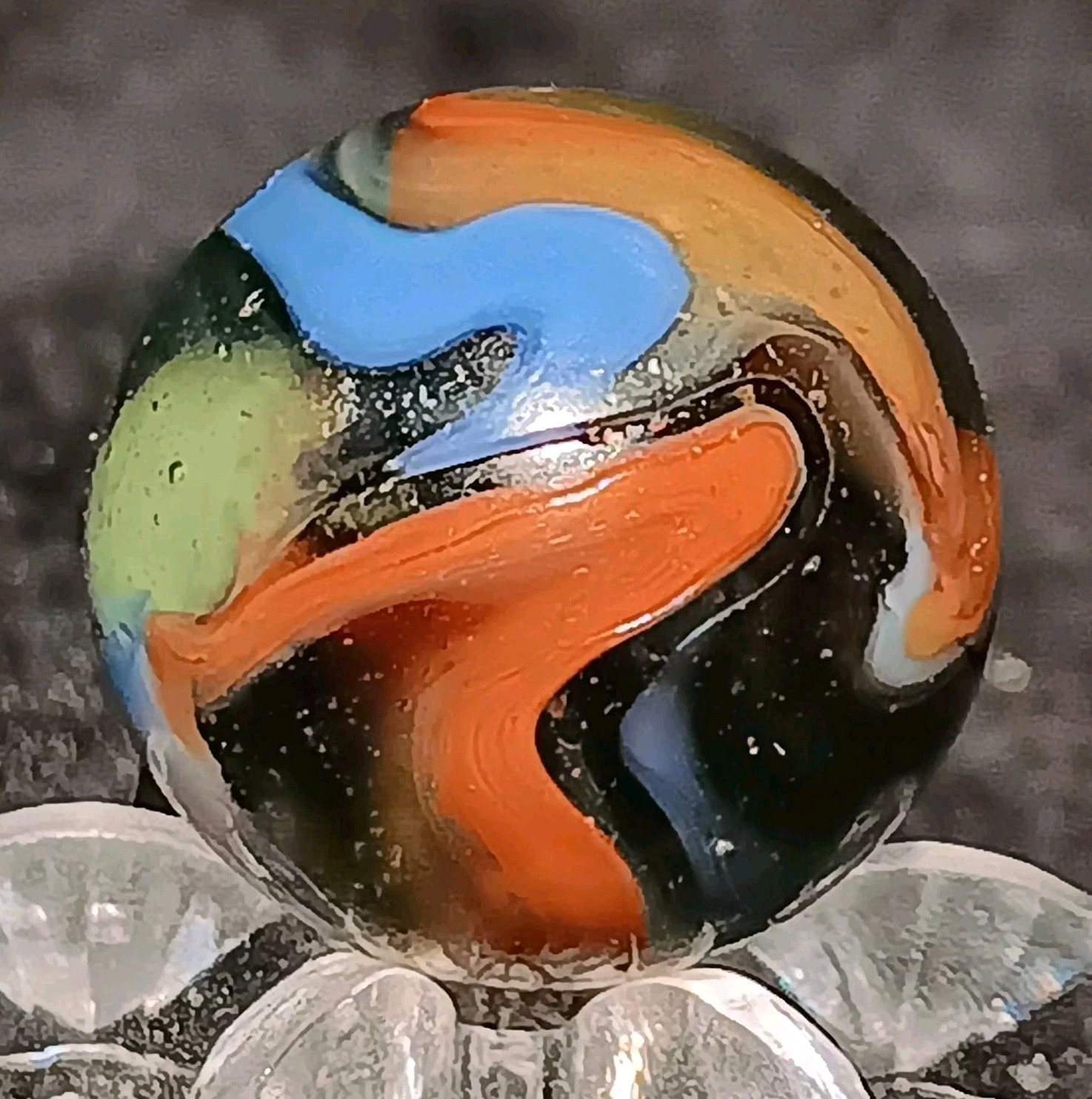 Vintage Pelter Glass Multi-Color Swirl Marble. 61″ Nm. Uv Active.