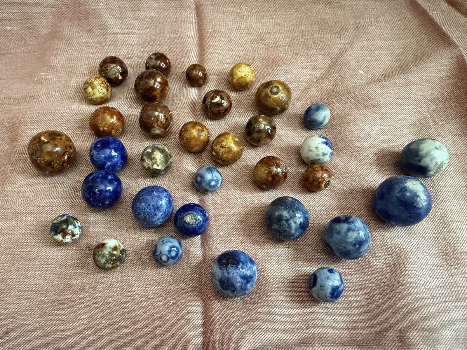 Bennington Marbles 33 Piece Lot Blue Brown Fancy Salt Glazed Clay
