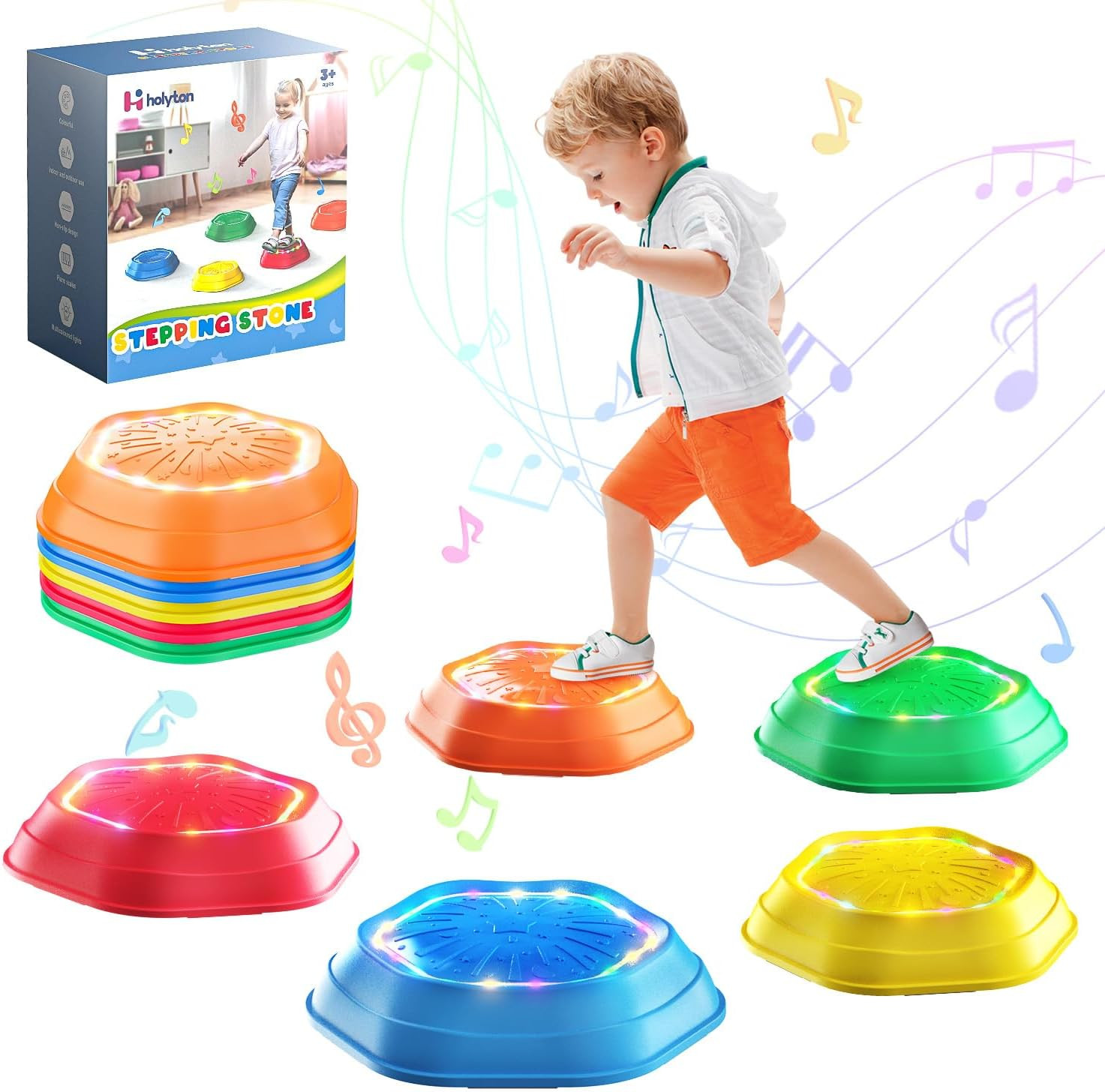 Holyton Light up Musical Stepping Stones for Kids, 5 Pack Sensory Balance Steppi