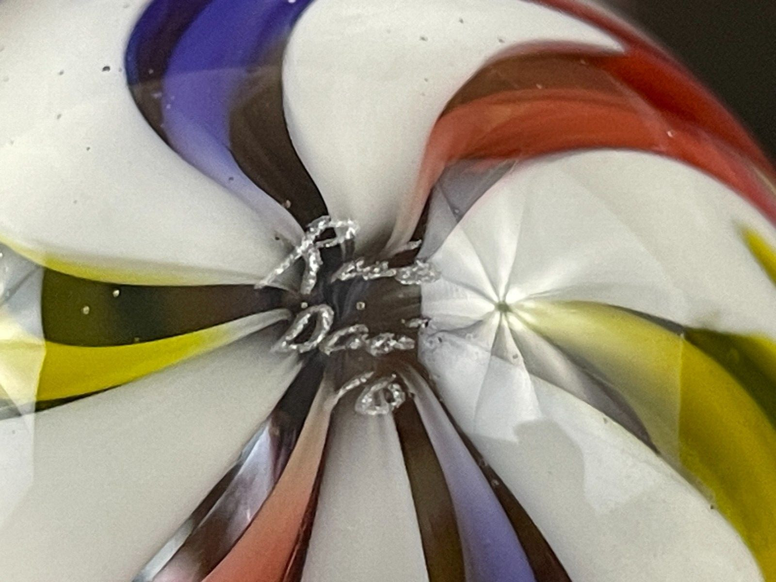 Rick Davis Glass Art Marble 1.46″ Signed Orange White Black Purple Magenta