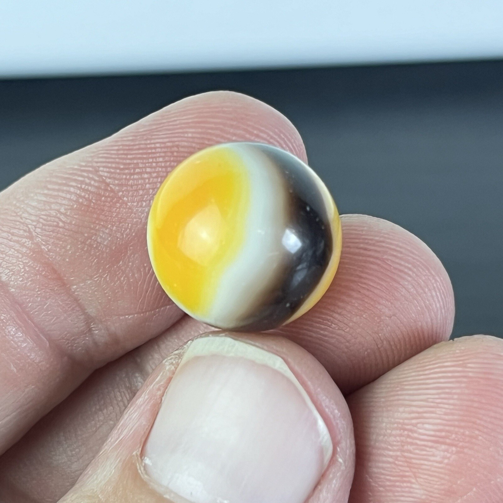 Vintage Akro Agate Peltier Art Swirl Glass Marble .63” Orange Black White