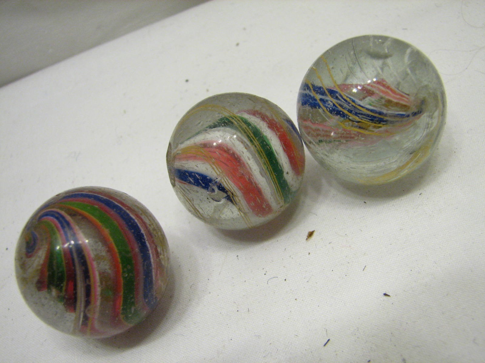 3 Lg Vintage Rainbow Latticino Caged Swirl Marble Blue Pink Green Yellow Shooter