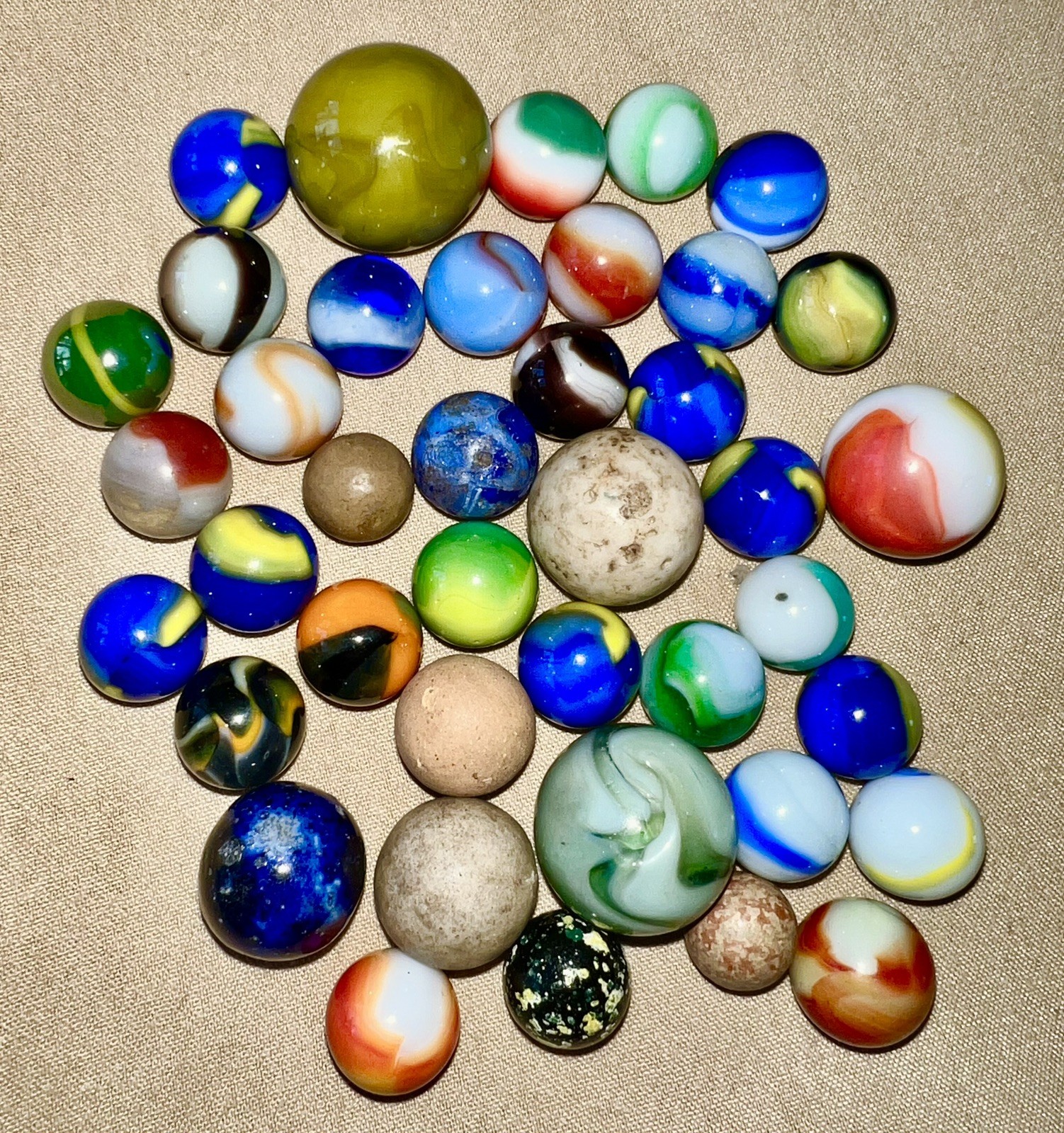 Old Gerber Jar of 40 Marbles, V9/16 – 1”, Cub Scouts, Clays, Pelt, Bennington,