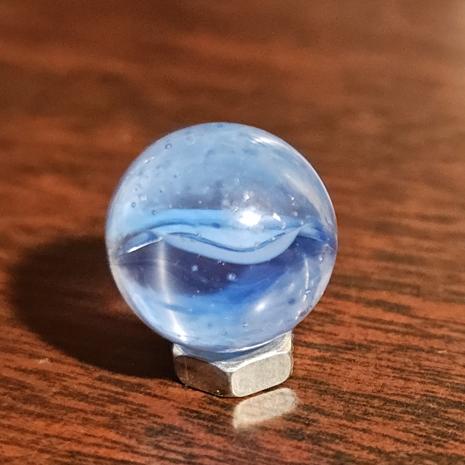 C E Bogard Blue Floppy 4-Lobe Cats Eye Clear .625 Glass Marble